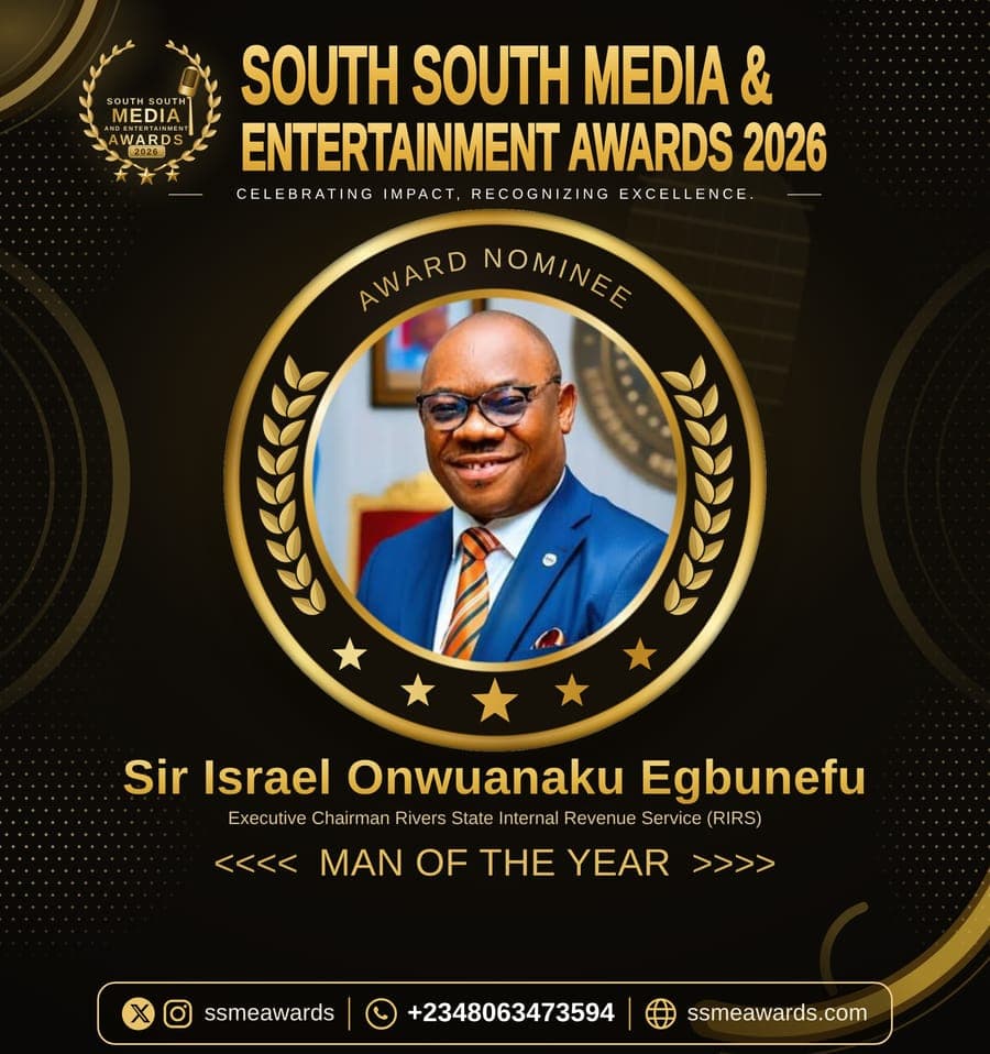 Official SSMEA 2026 nominee flier for Sir Israel Onwuanaku Egbunefu, Executive Chairman Rivers State Internal Revenue Service (RIRS)