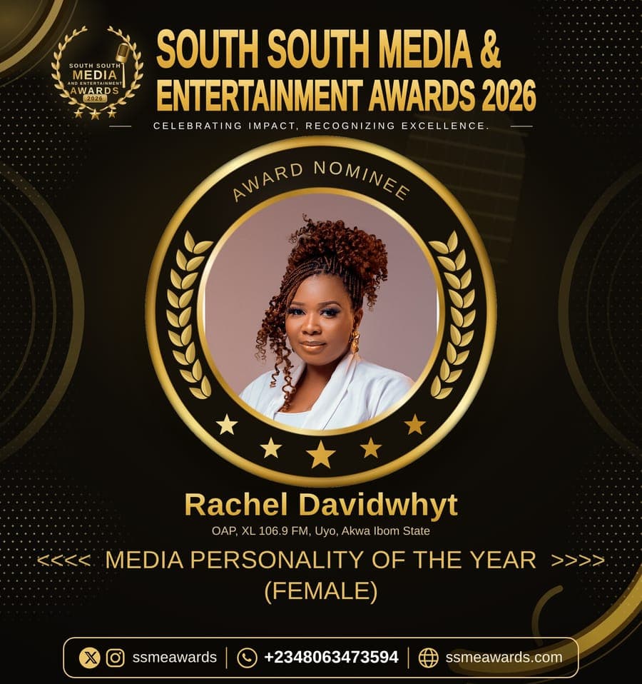 Official SSMEA 2026 nominee flier for Rachel Davidwhyt, OAP, XL 106.9 FM, Uyo, Akwa Ibom State