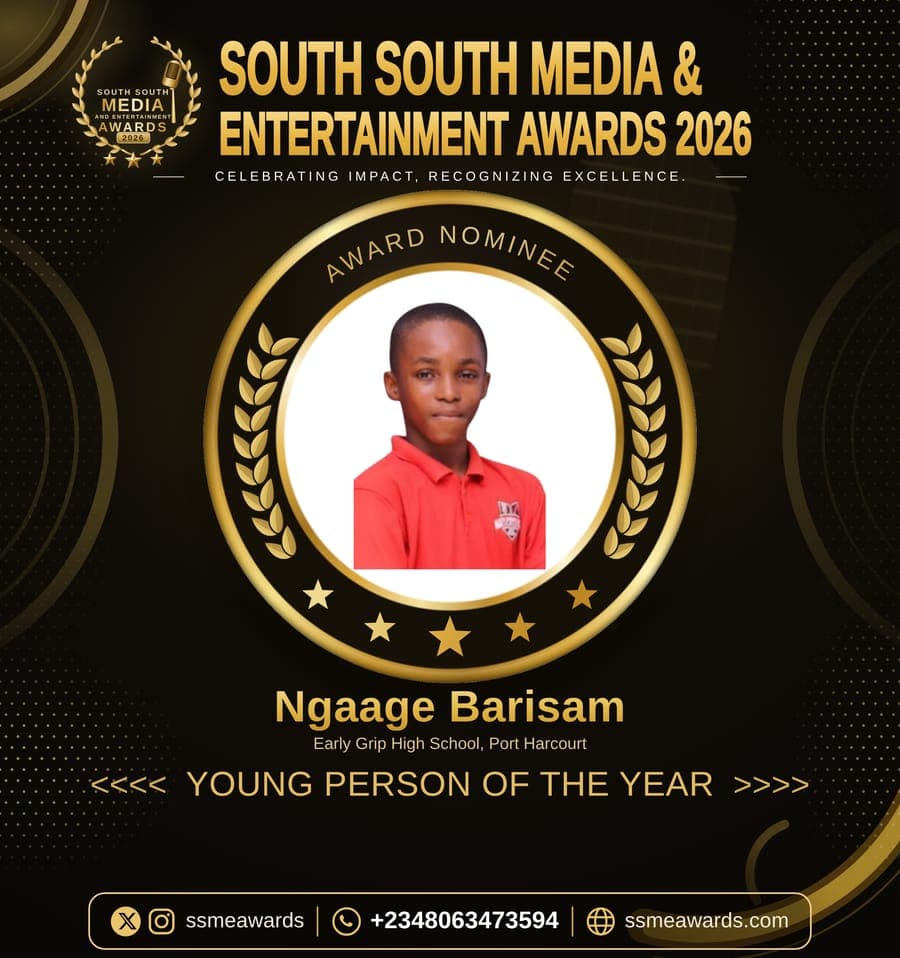 Official SSMEA 2026 nominee flier for Ngaage Barisam, Early Grip High School, Port Harcourt