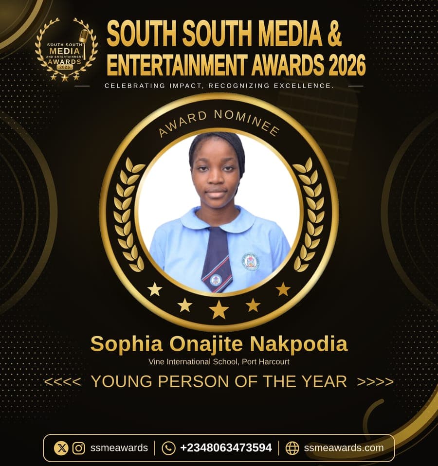 Official SSMEA 2026 nominee flier for Sophia Onajite Nakpodia, Vine International School, Port Harcourt