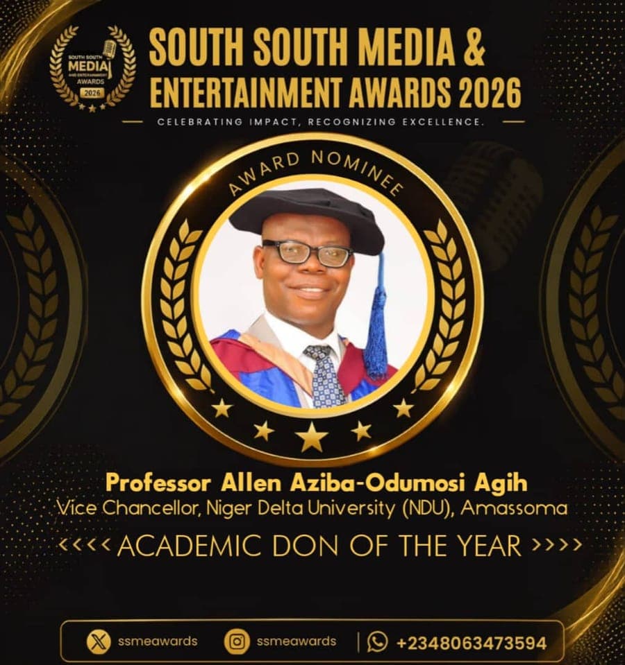 Official SSMEA 2026 nominee flier for Professor Allen Aziba-Odumosi Agih, Vice Chancellor, Niger Delta University (NDU), Amassoma