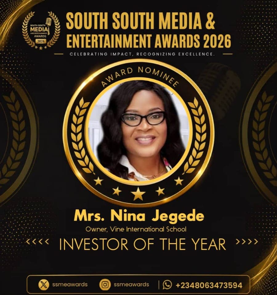 Official SSMEA 2026 nominee flier for Mrs. Nina Jegede, Owner, Vine International School