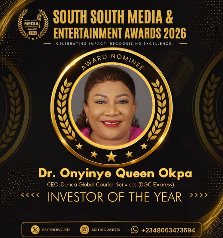Official SSMEA 2026 nominee flier for Dr. Onyinye Queen Okpa, CEO, Denca Global Courier Services (DGC Express)