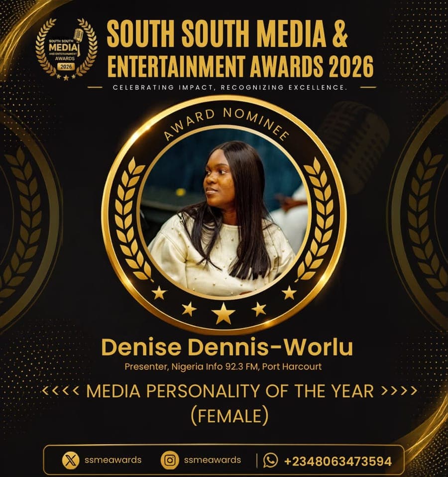 Official SSMEA 2026 nominee flier for Denise Dennis-Worlu, Presenter, Nigeria Info 92.3 FM, Port Harcourt