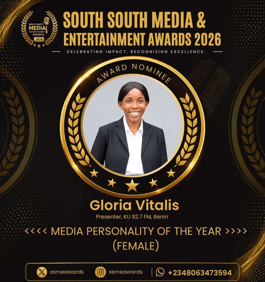 Official SSMEA 2026 nominee flier for Gloria Vitalis, Presenter, KU 92.7 FM, Benin