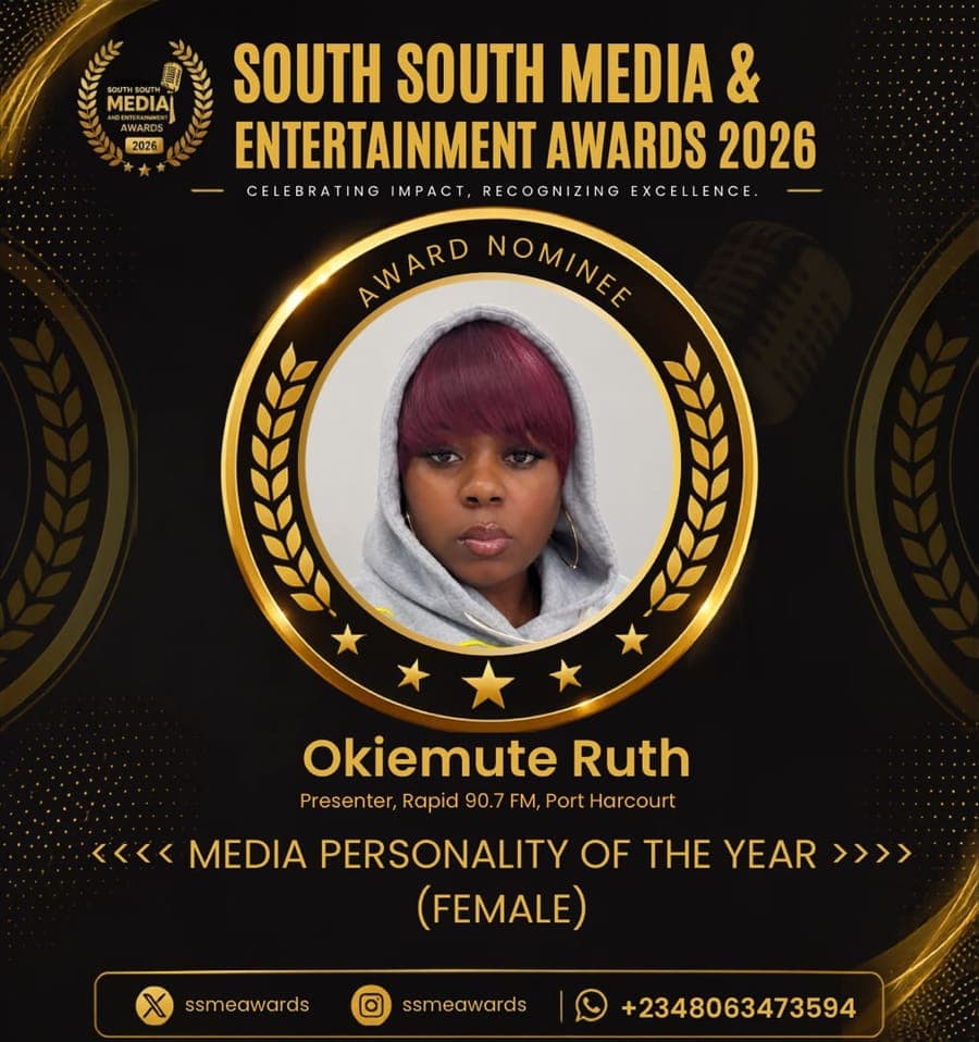 Official SSMEA 2026 nominee flier for Okiemute Ruth, Presenter, Rapid 90.7 FM, Port Harcourt