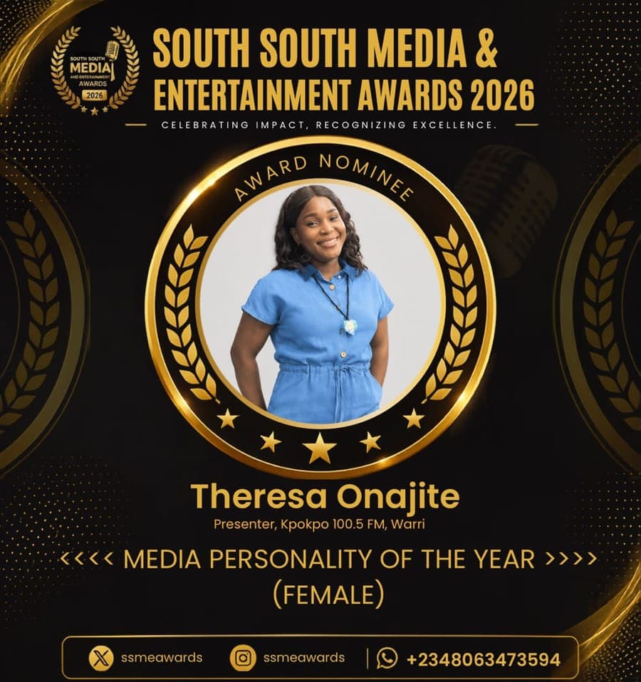 Official SSMEA 2026 nominee flier for Theresa Onajite, Presenter, Kpokpo 100.5 FM, Warri