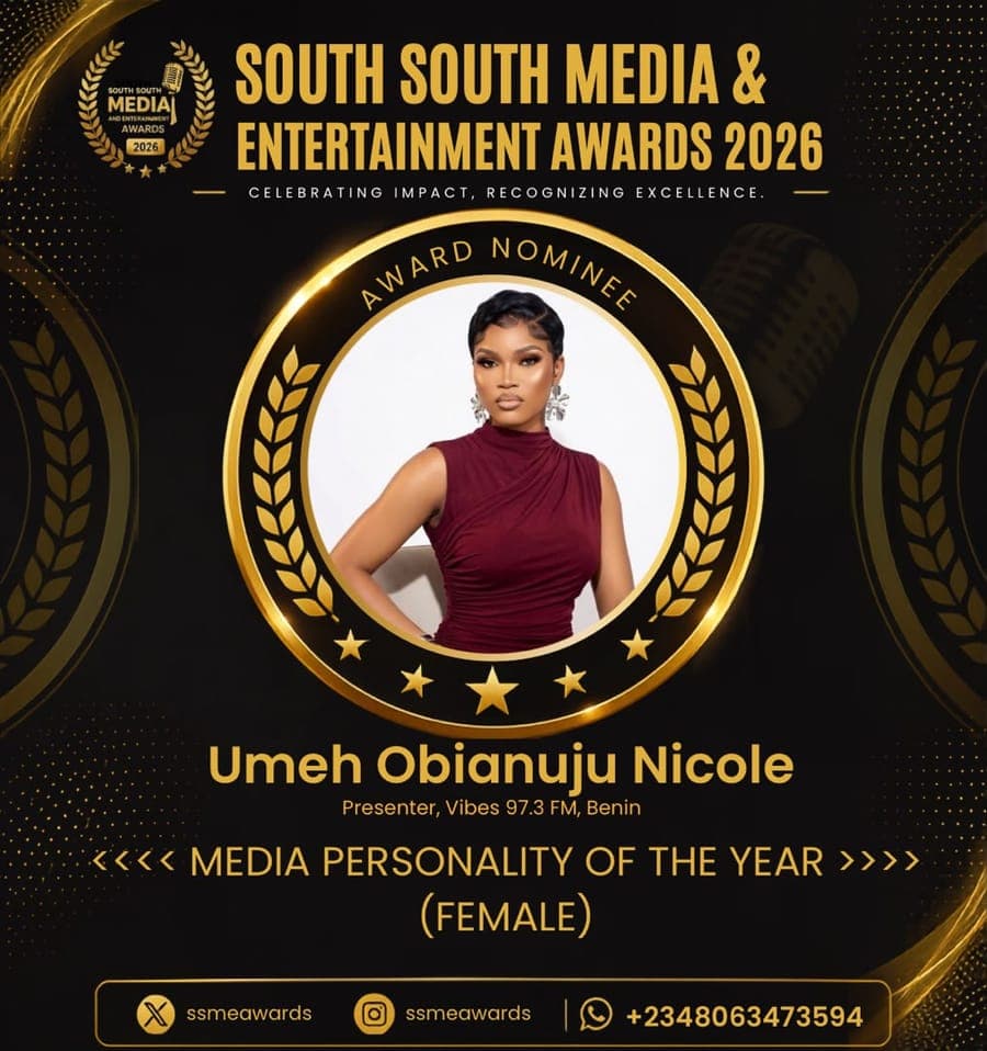 Official SSMEA 2026 nominee flier for Umeh Obianuju Nicole, Presenter, Vibes 97.3 FM, Benin