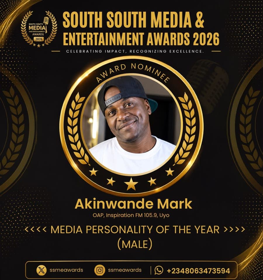 Official SSMEA 2026 nominee flier for Akinwande Mark, OAP, Inspiration FM 105.9, Uyo
