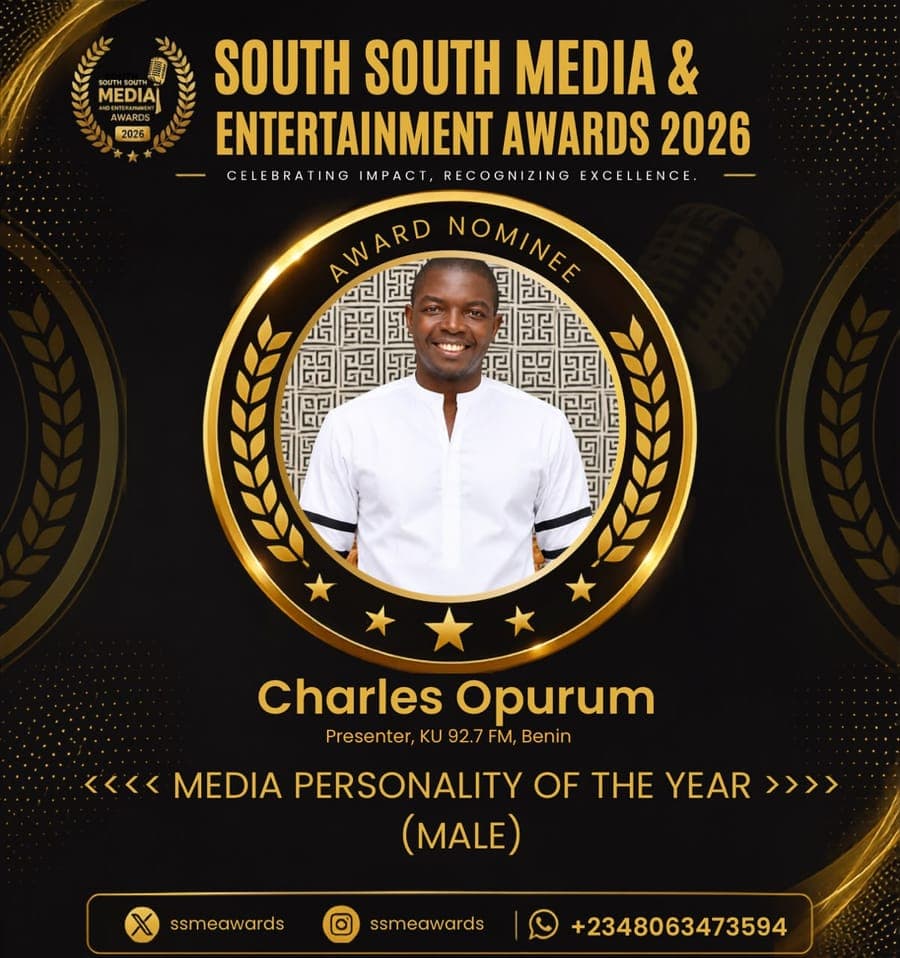 Official SSMEA 2026 nominee flier for Charles Opurum, Presenter, KU 92.7 FM, Benin