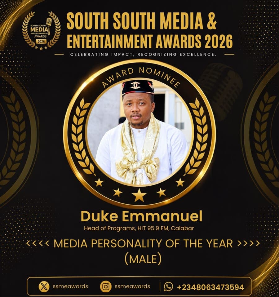 Official SSMEA 2026 nominee flier for Duke Emmanuel, Head of Programs, HIT 95.9 FM, Calabar