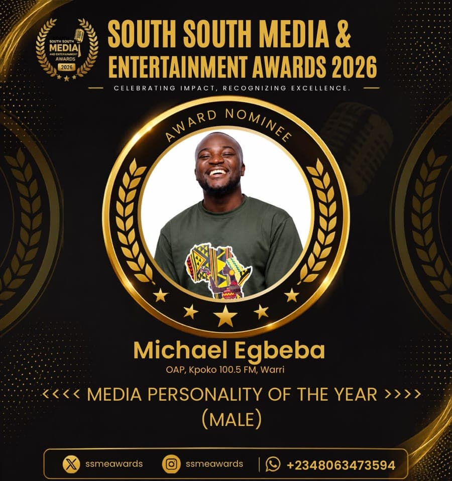 Official SSMEA 2026 nominee flier for Michael Egbeba, OAP, Kpoko 100.5 FM, Warri